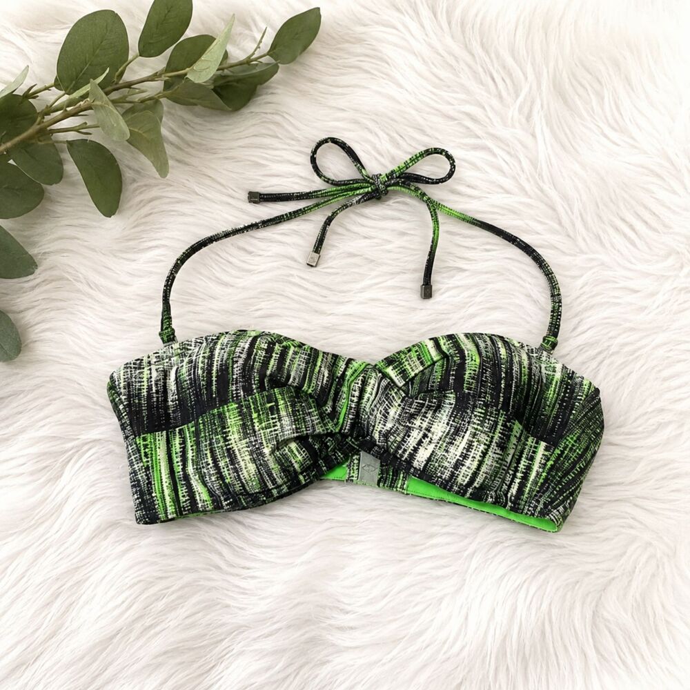 NWT Oakley Bandeau Bikini Top Medium Green Black Printed Halter Swimwear